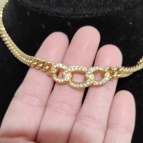 SALE! Auth Christian Dior Gold Rhinestone Choker Necklace Chunky Curb Chain/Box - Picture 5 of 11